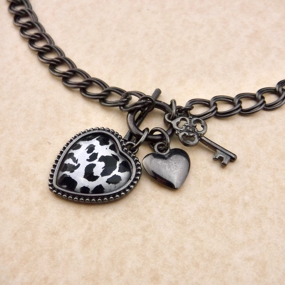 🖤Punk Leopard Print, Key & Heart Chain Necklace